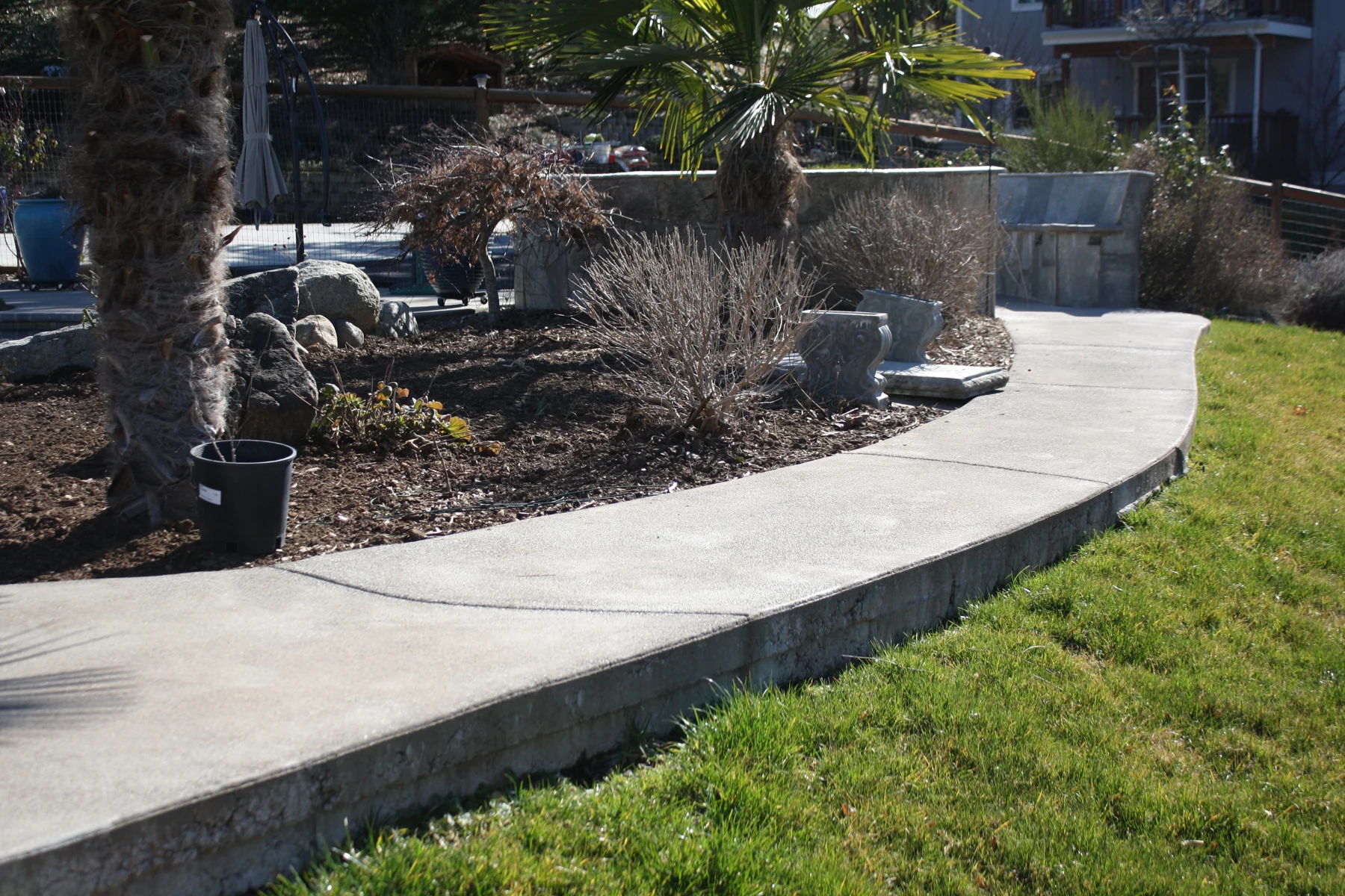 Concrete walkway curving through a landscaped garden